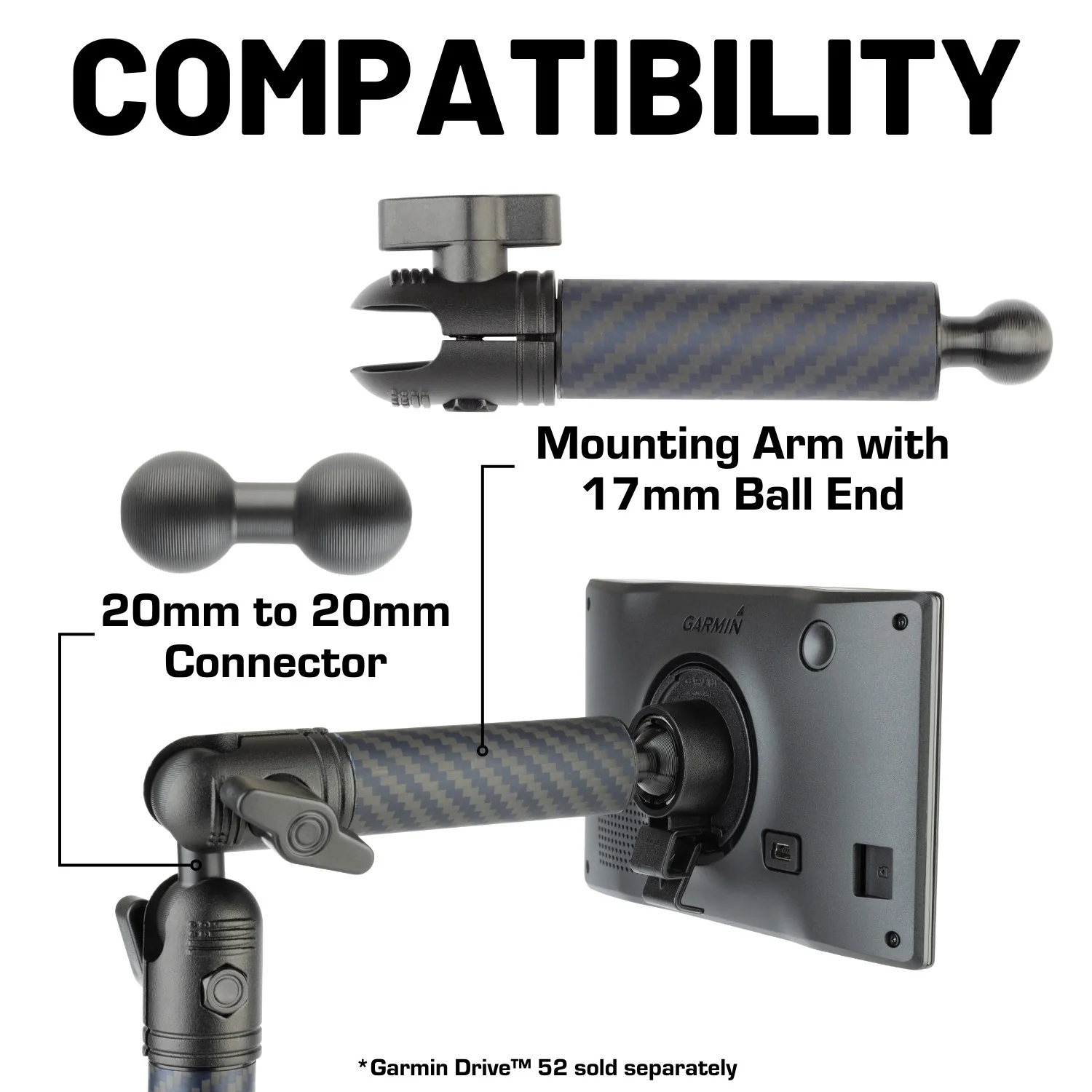 Carbon Fiber/Kevlar Hybrid Mount Arm with 17mm Ball - Compatible with Select GPS, Ipad and Wireless Phone Chargers - Image 5